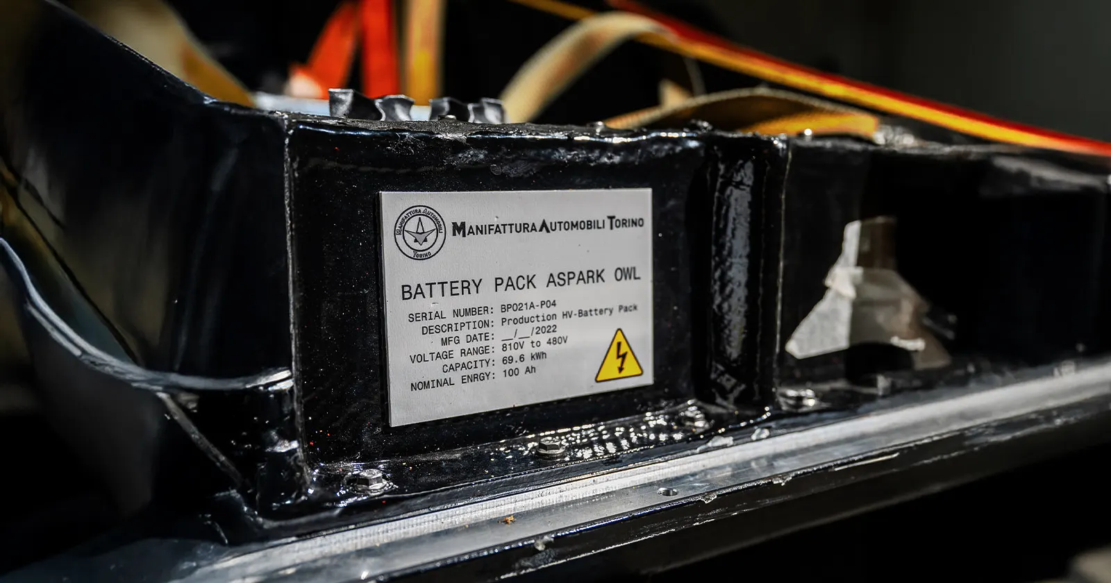 Close up view of a sports car battery pack