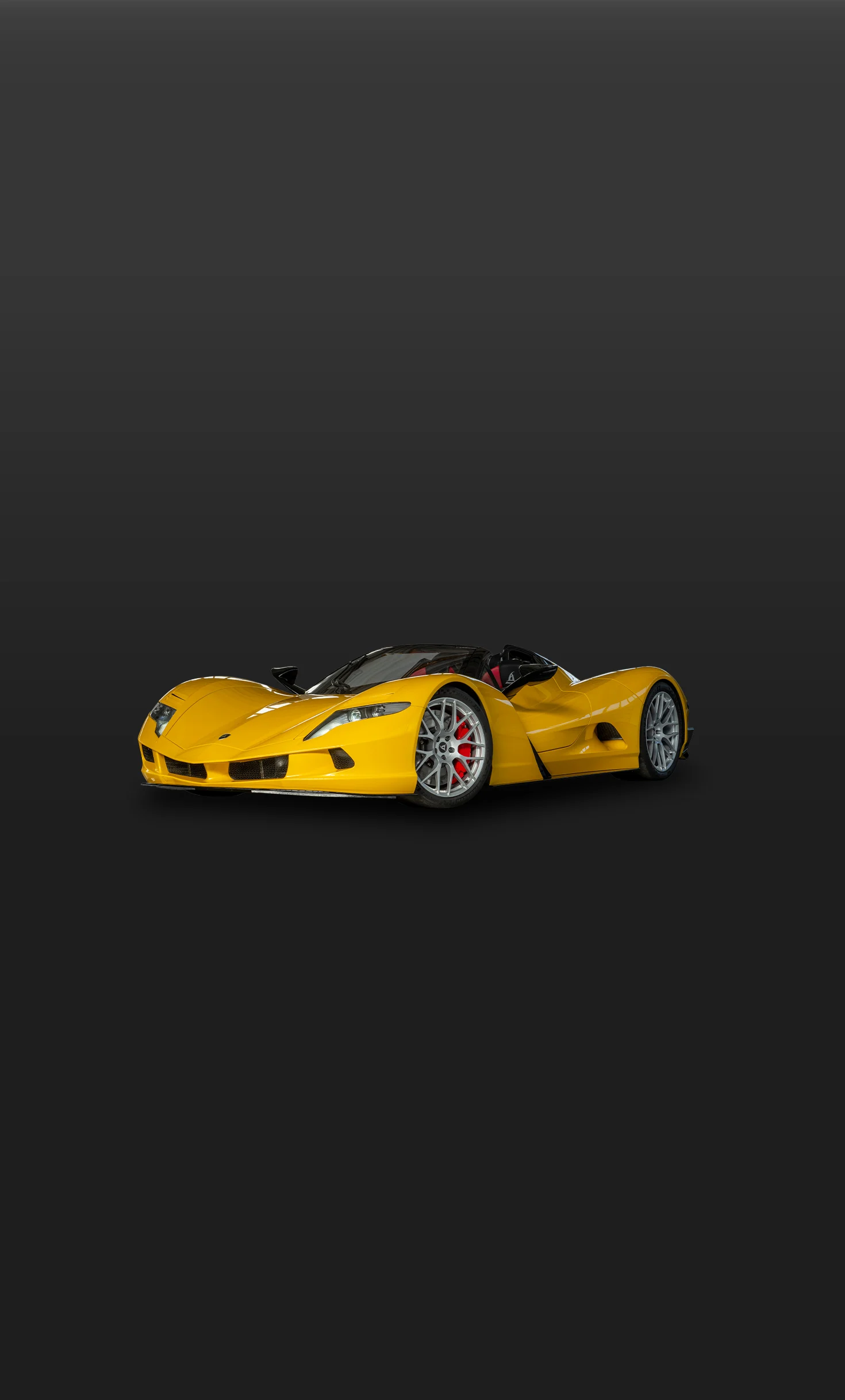 Yellow Aspark Owl Roadster, lateral side view against a dark gradient background