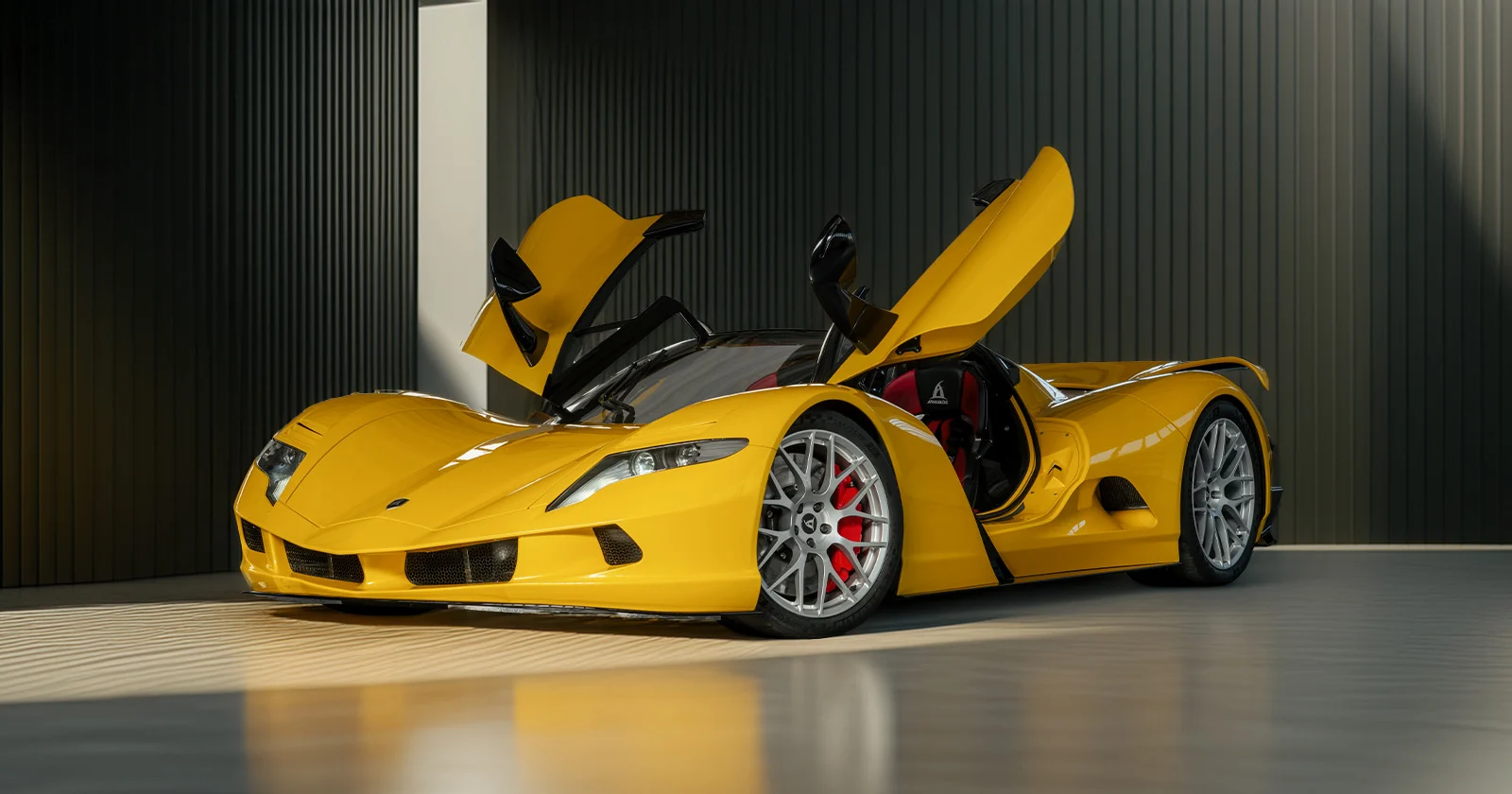 Aspark Owl Roadster – open butterfly doors, three-quarter view